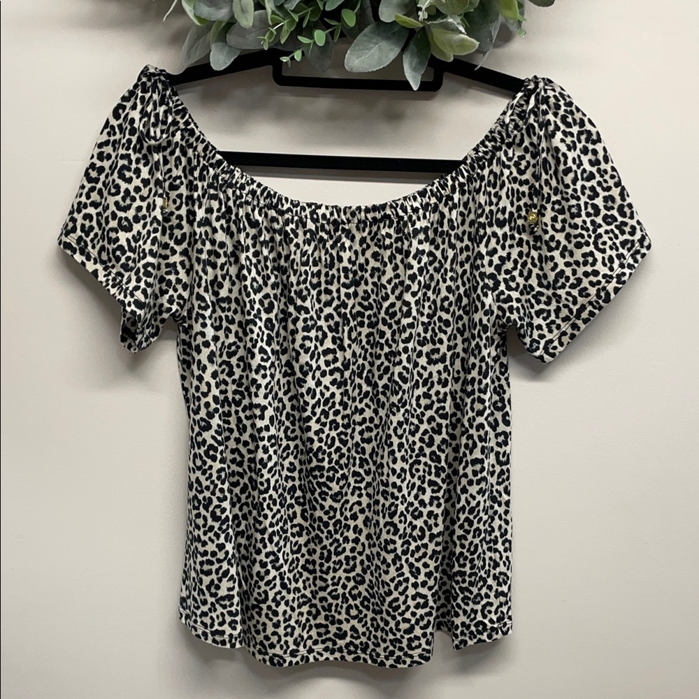 NWOT MICHAEL Michael Kors Short Sleeve Off The Shoulder Leopard Print Blouse L